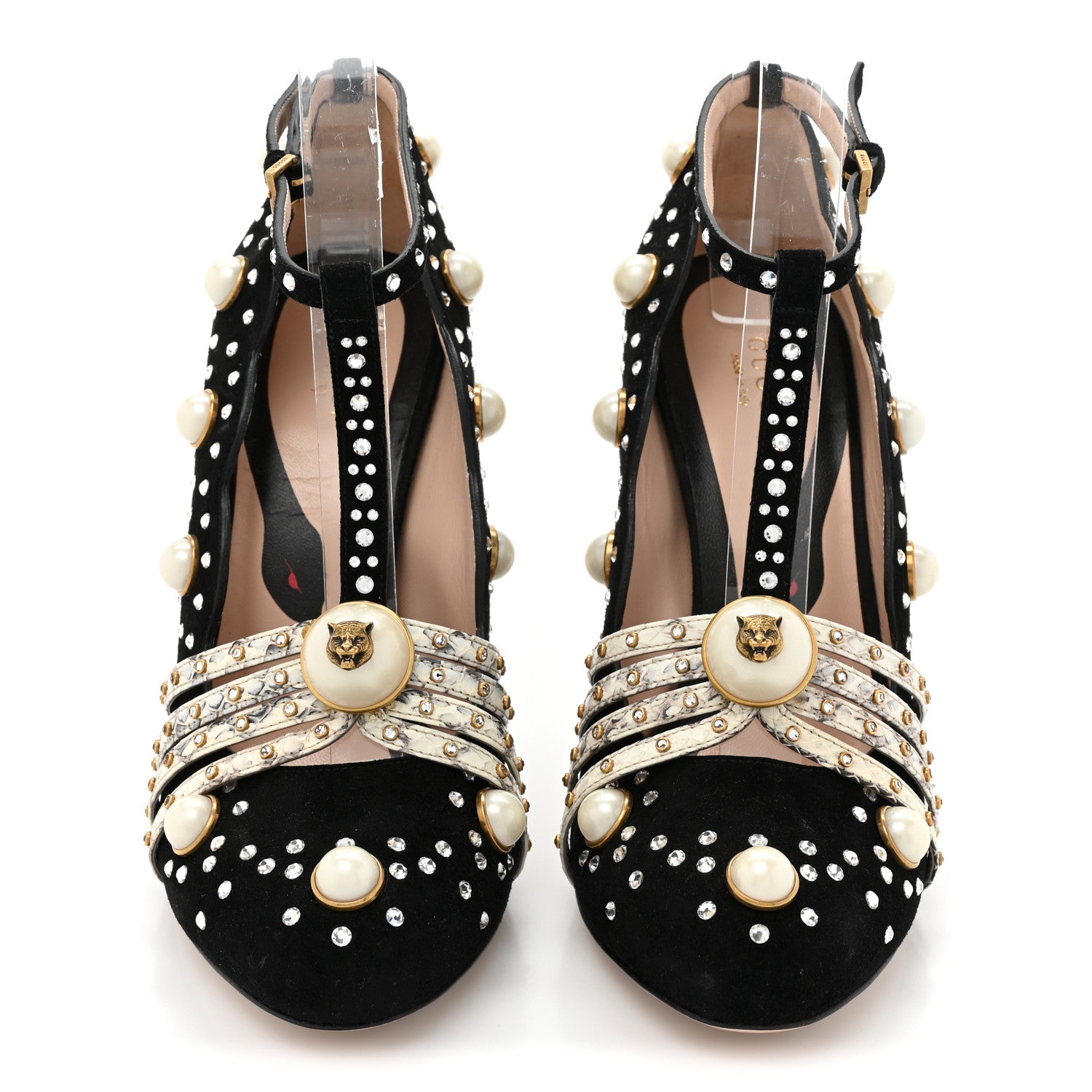 Gucci Suede Snakeskin Pearl Studded Ofelia Pumps 37 Black 2 of 11