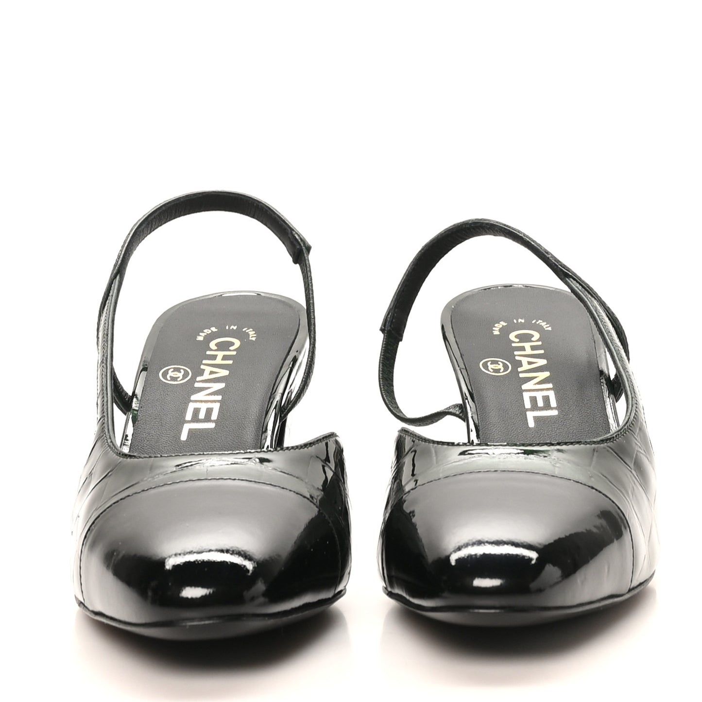 Patent Calfskin Crocodile Embossed Cap Toe CC Slingback Pumps 36.5 Dark Green Black