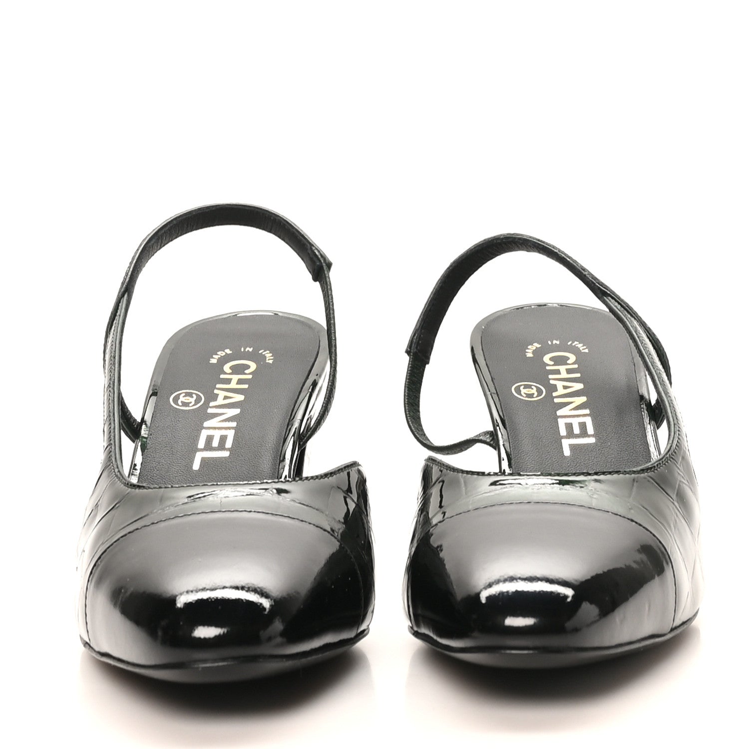 Chanel Patent Calfskin Crocodile Embossed Cap Toe CC Slingback Pumps 36.5 Dark Green Black 2 of 10