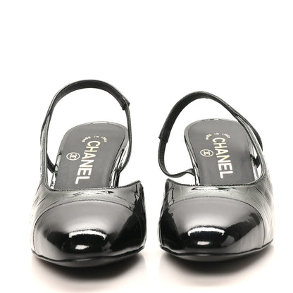 Chanel Patent Calfskin Crocodile Embossed Cap Toe CC Slingback Pumps 36.5 Dark Green Black 2 of 10