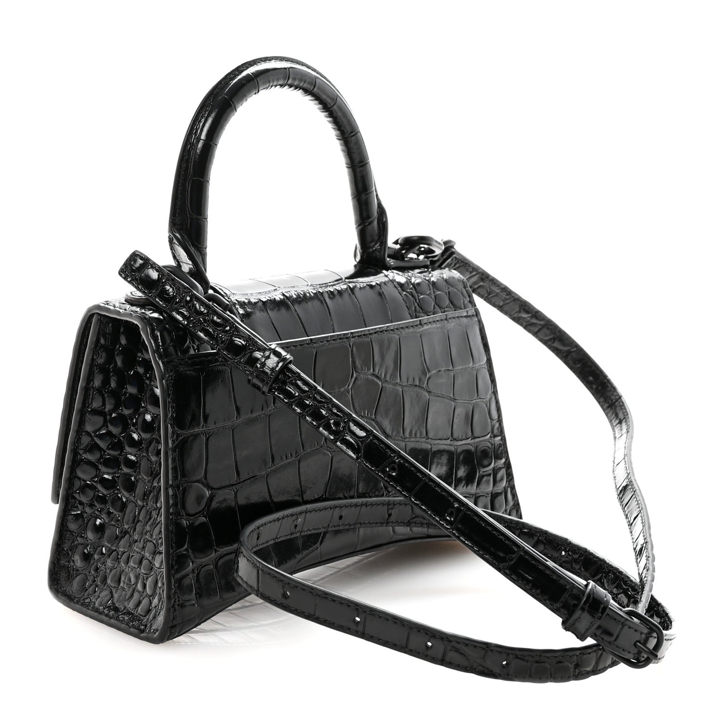 Shiny Calfskin Monochrome Crocodile Embossed Hourglass Top Handle Bag XS Black