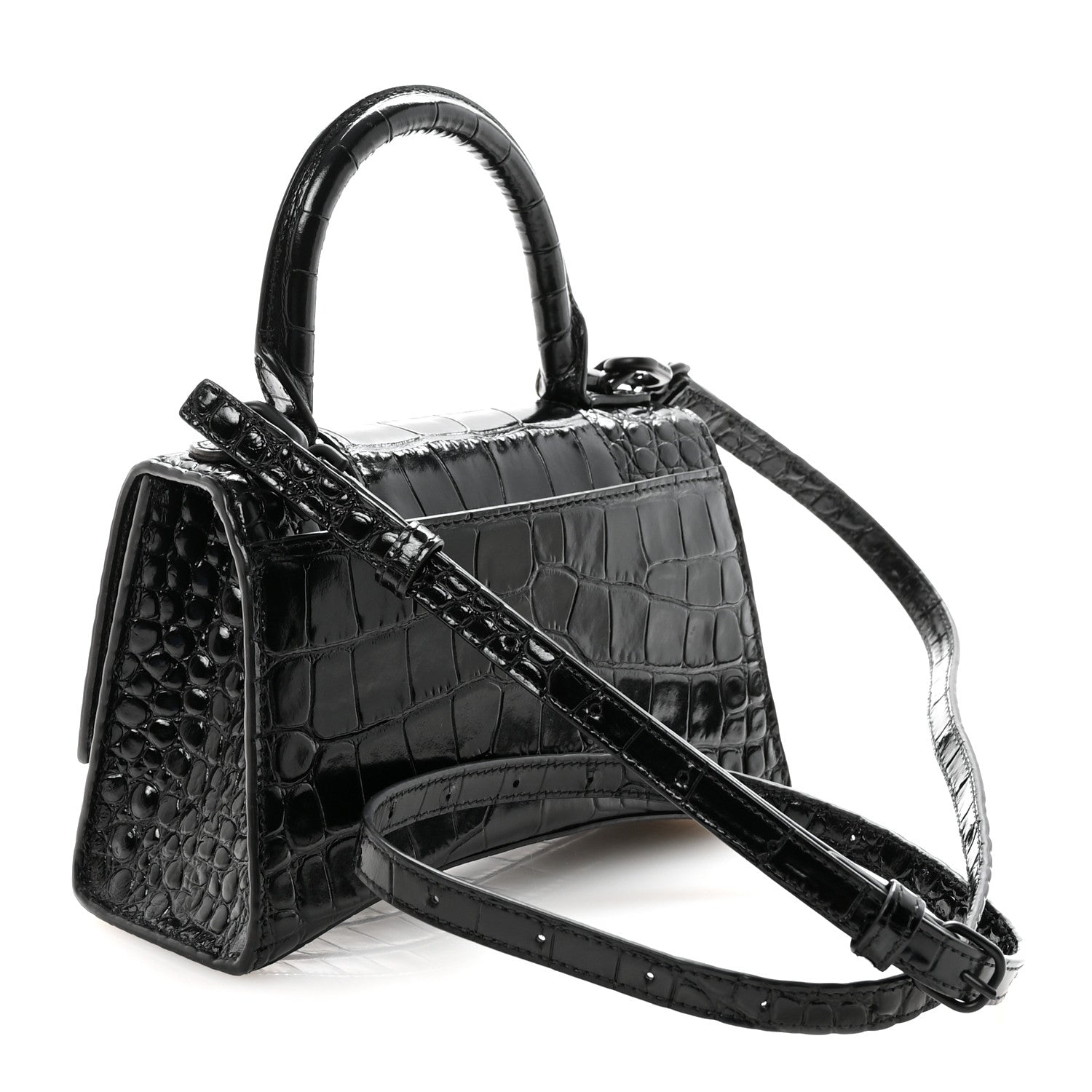 Balenciaga Shiny Calfskin Monochrome Crocodile Embossed Hourglass Top Handle Bag XS Black 3 of 9
