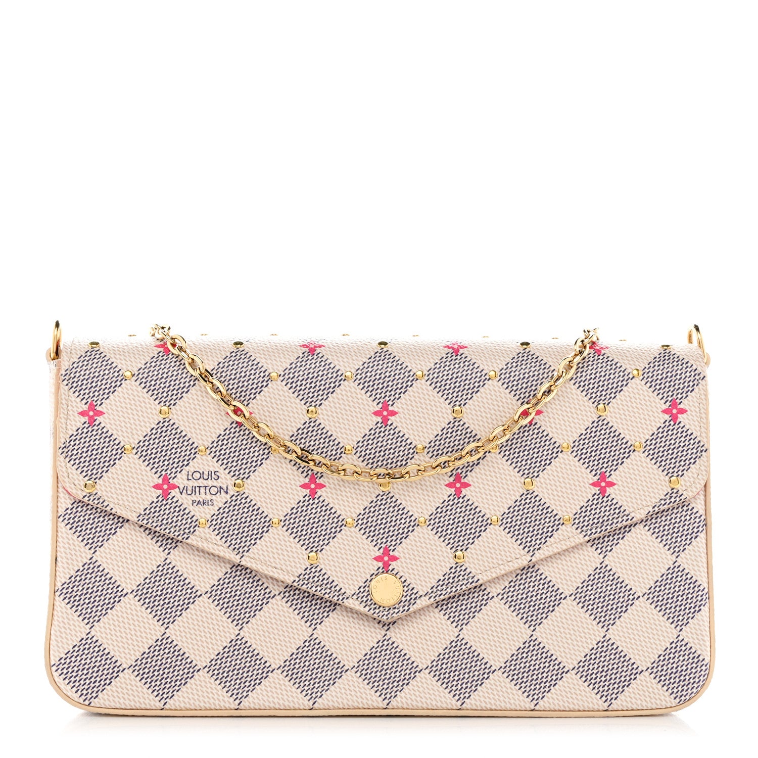 Louis Vuitton Damier Azur Studded Pochette Felicie Chain Wallet Fuchsia 1 of 11