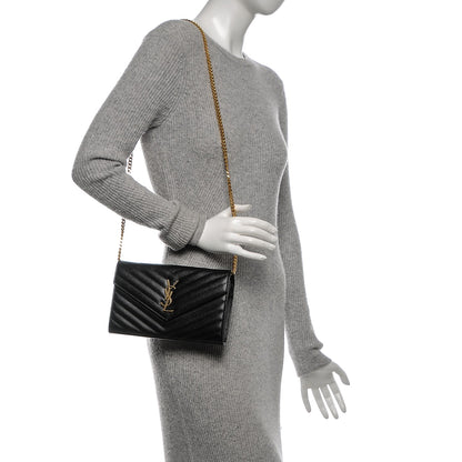 Saint Laurent Grain De Poudre Matelasse Chevron Monogram Chain Wallet Black 2 of 7