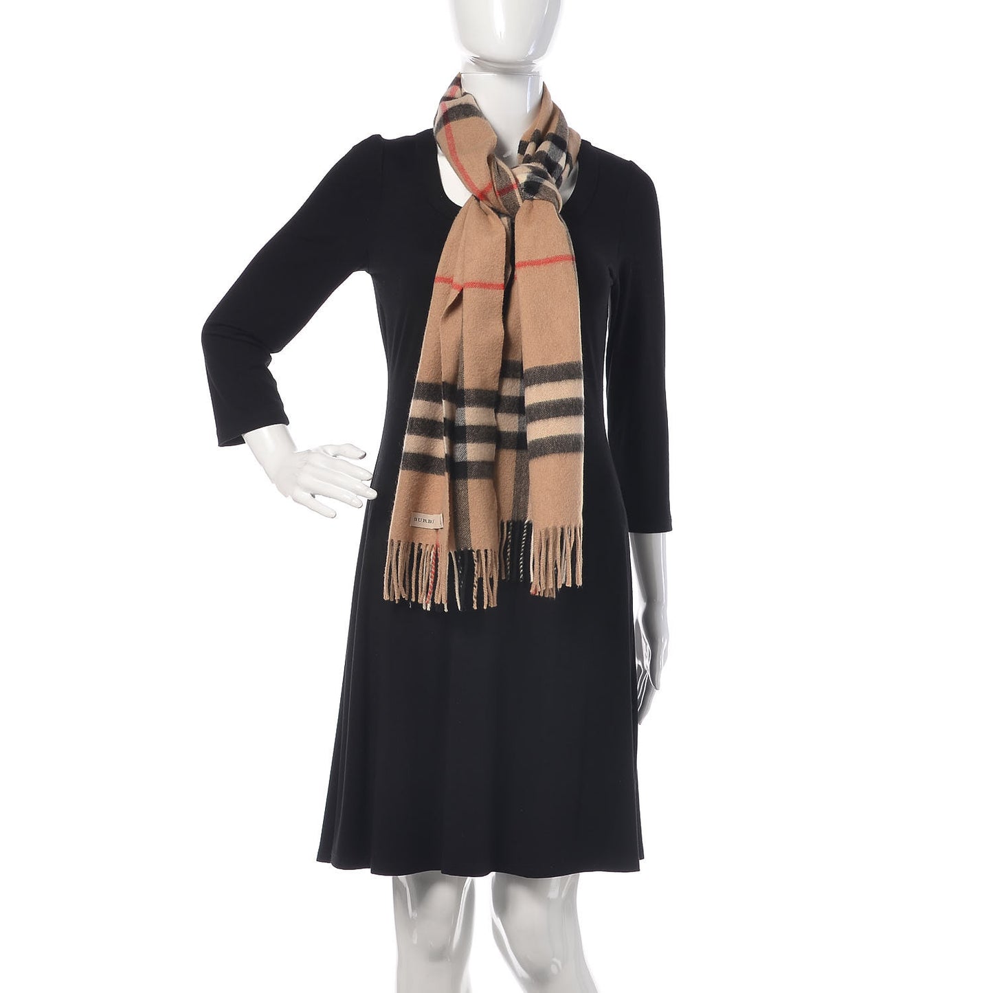 Cashmere Giant Check Fringe Scarf Camel