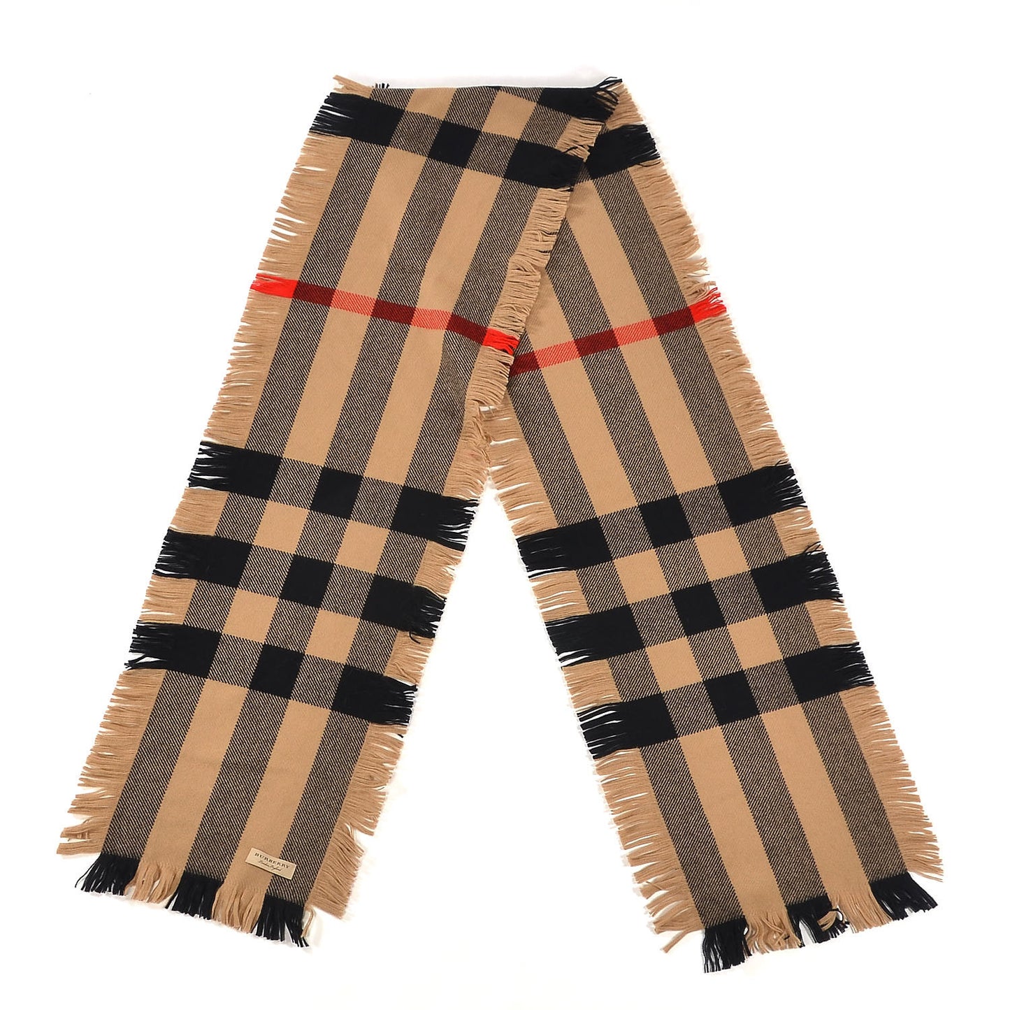 Wool Half Mega Check Fringe Scarf Camel