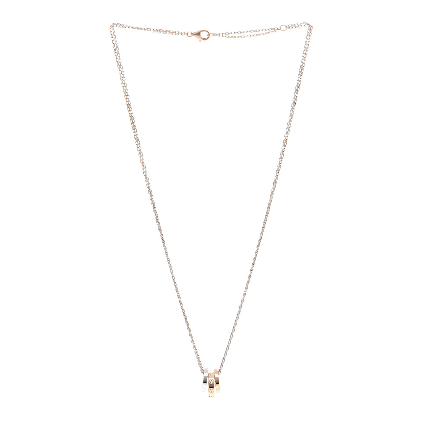 18K White Pink Gold Diamond Three Ring LOVE Necklace