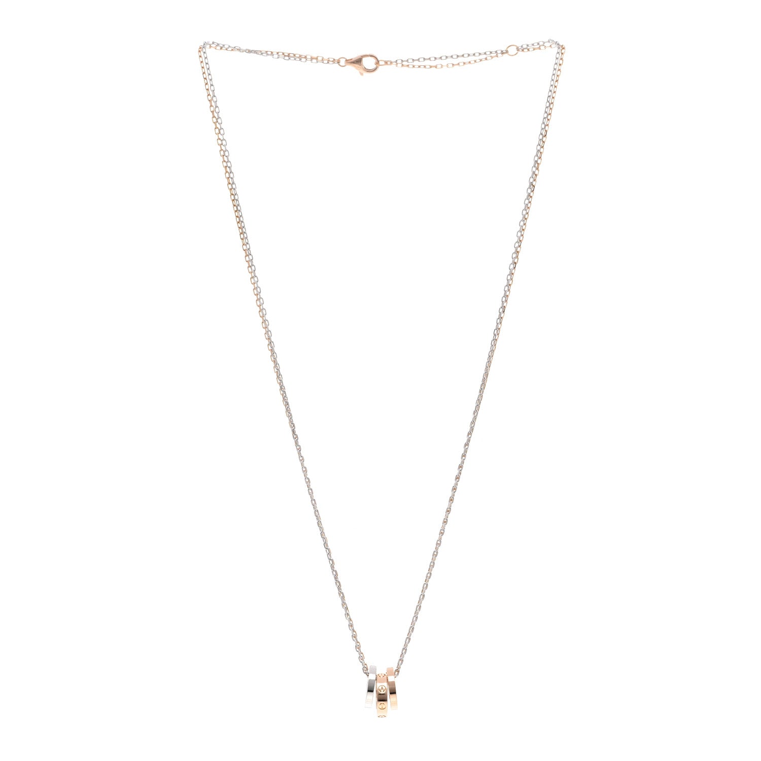 Cartier 18K White Pink Gold Diamond Three Ring LOVE Necklace 3 of 5