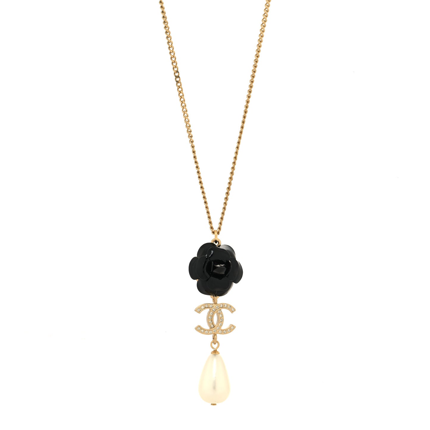 Enamel Crystal Pearl CC Camellia Necklace Gold Black