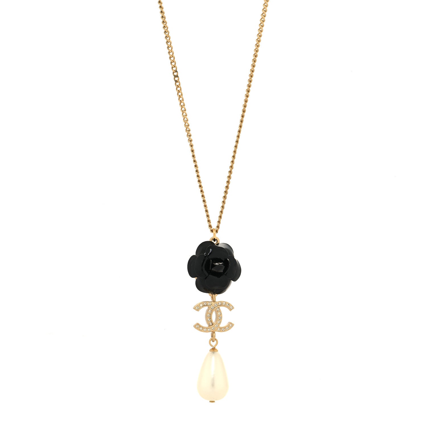 Chanel Enamel Crystal Pearl CC Camellia Necklace Gold Black 2 of 5