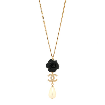 Chanel Enamel Crystal Pearl CC Camellia Necklace Gold Black 2 of 5