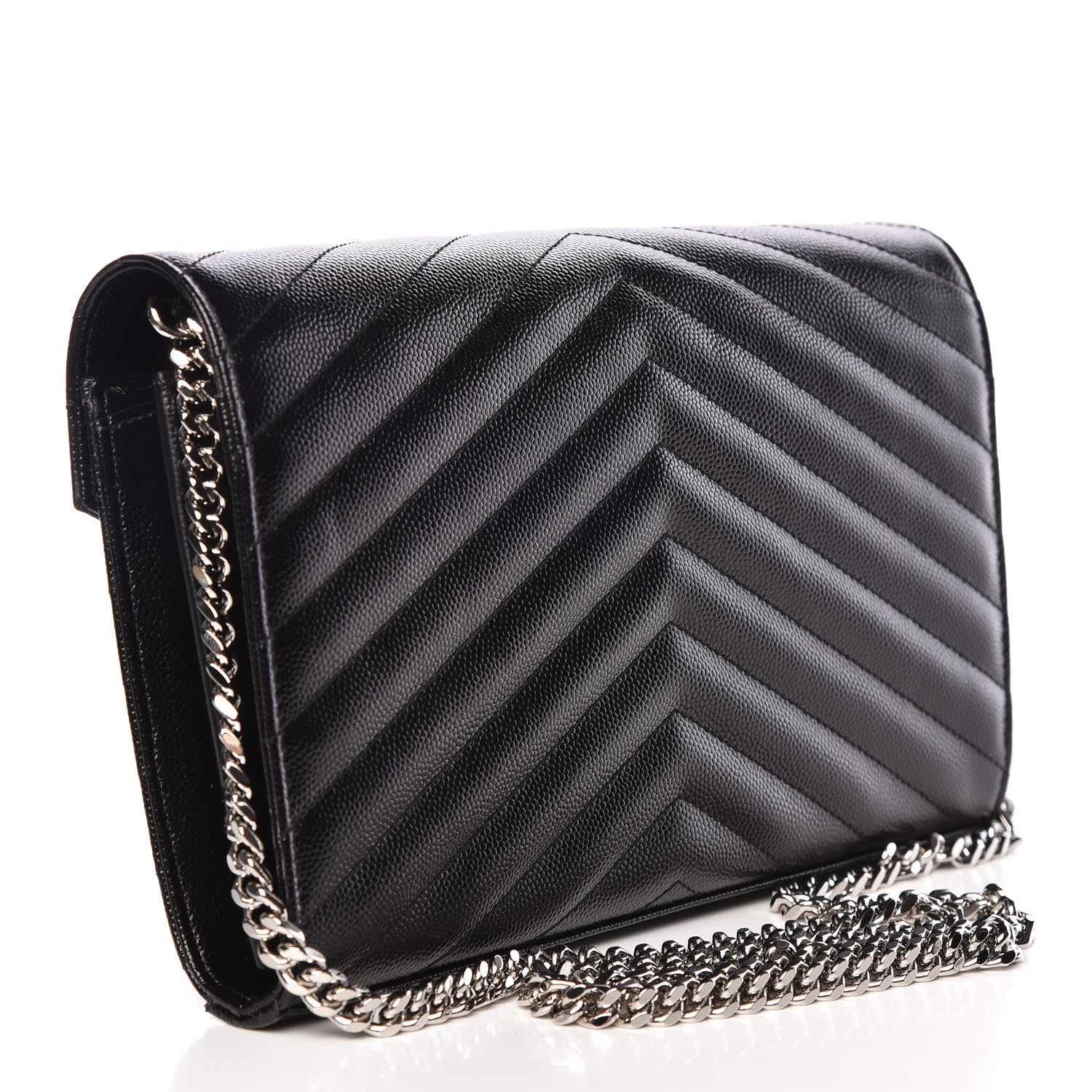 Saint Laurent Grain De Poudre Matelasse Chevron Medium Monogram Chain Wallet Black 3 of 9