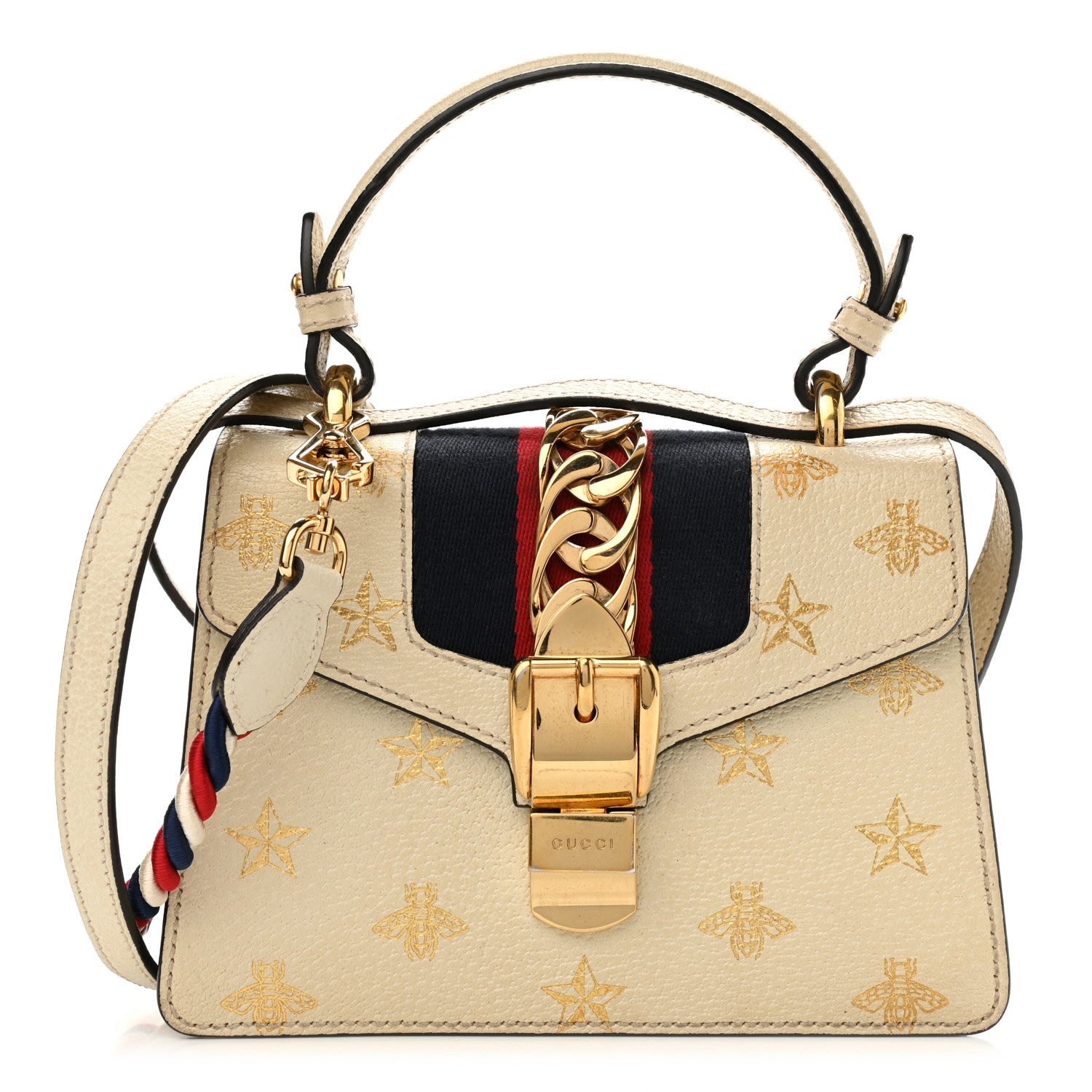 Gucci Textured Calfskin Bee Star Print Mini Sylvie Top Handle Bag Mystic White 1 of 14