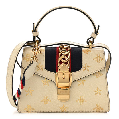Gucci Textured Calfskin Bee Star Print Mini Sylvie Top Handle Bag Mystic White 1 of 14