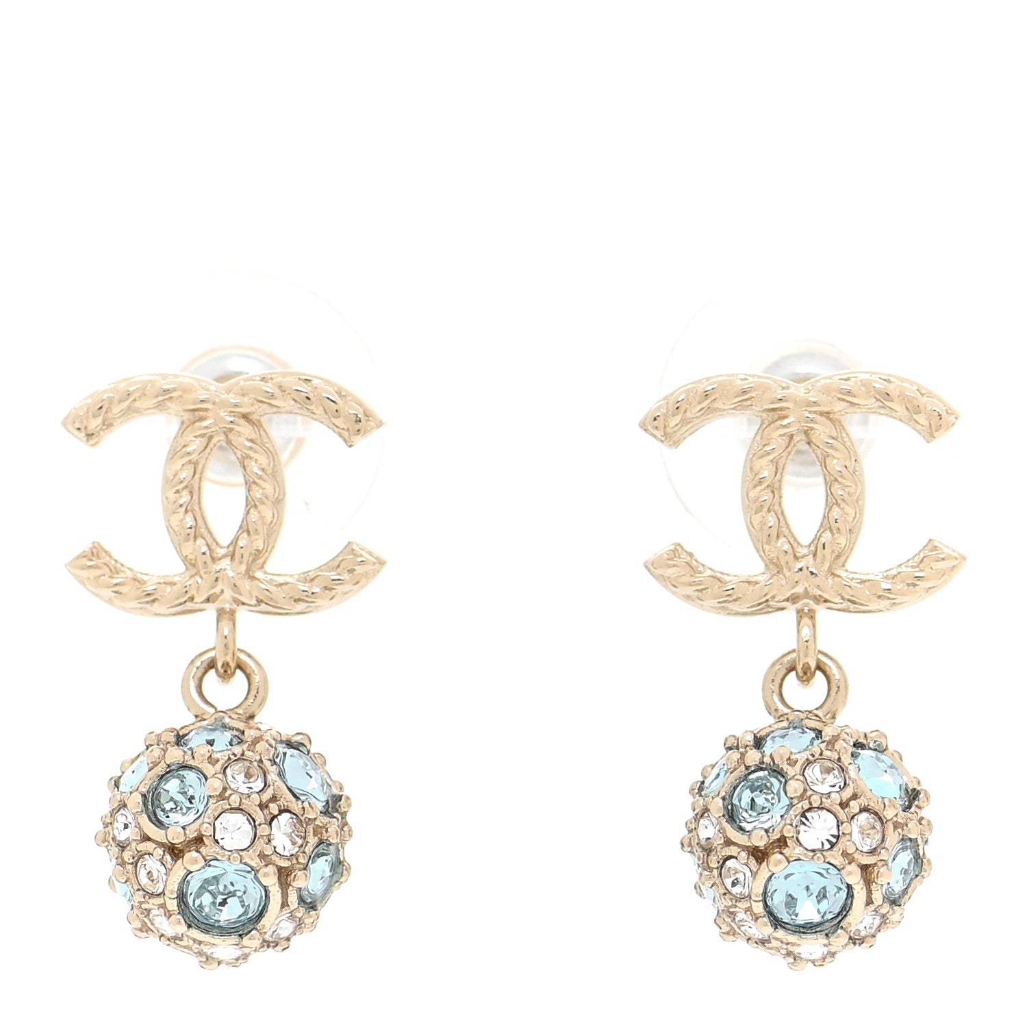 Chanel Crystal CC Drop Earrings Gold Blue 1 of 5