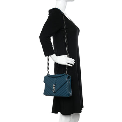 Saint Laurent Sheepskin Matelasse Chevron Monogram Medium College Bag Petrol Green 3 of 14