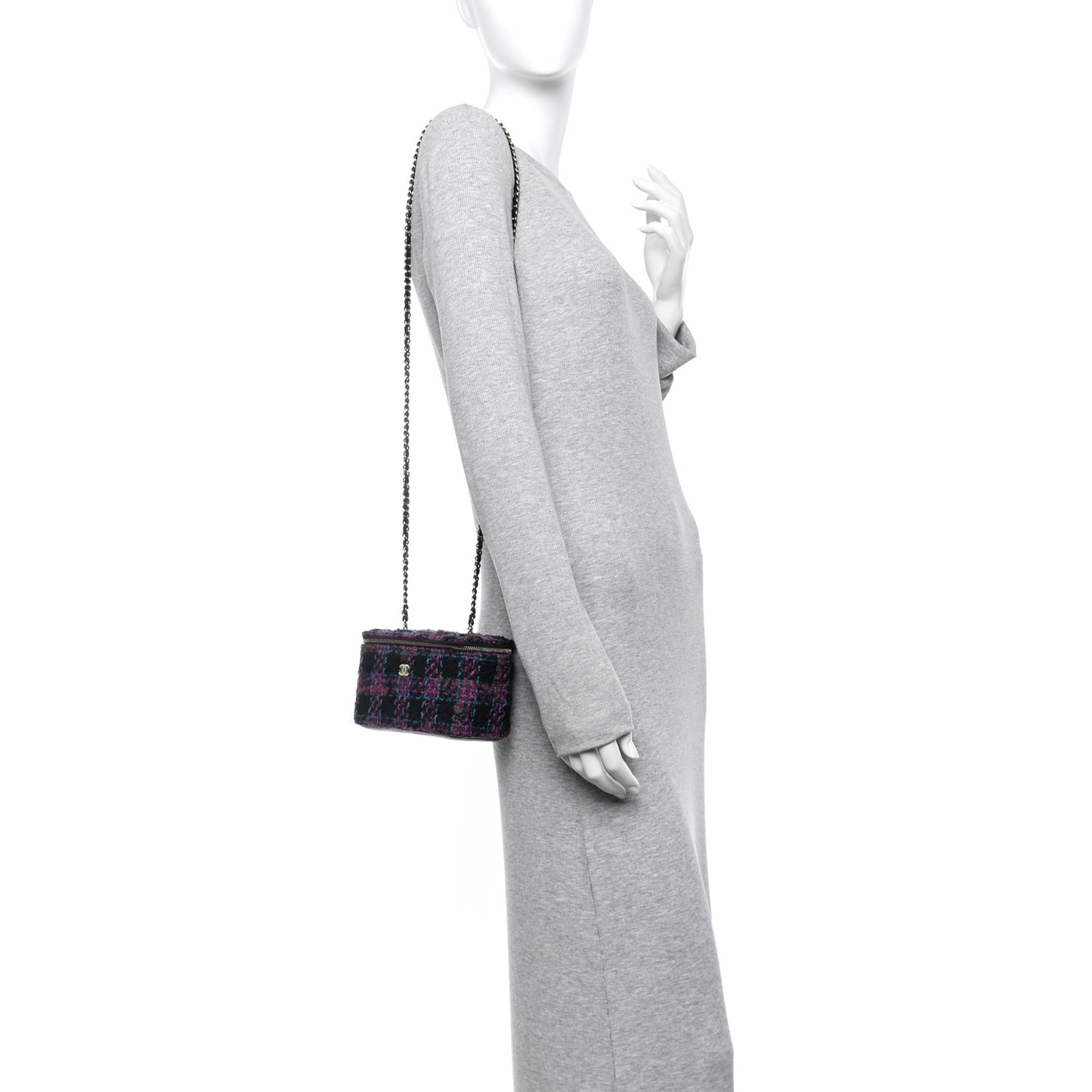 Tweed Quilted Small Vanity Case With Chain Black Purple Green Red