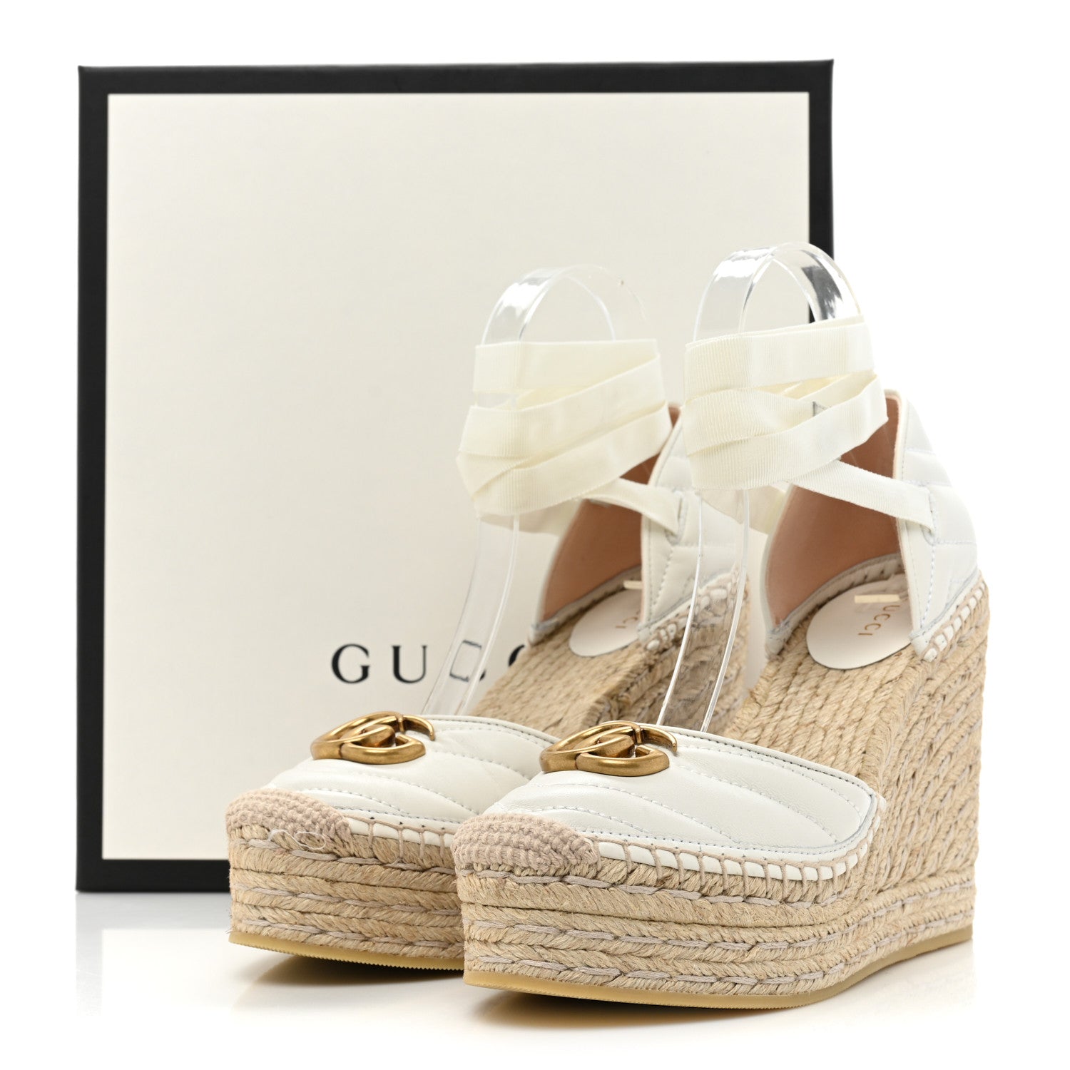 Gucci Nappa Matelasse GG Marmont Ankle Wrap Platform 35/120mm Espadrille Wedges 38.5 Great White 10 of 10