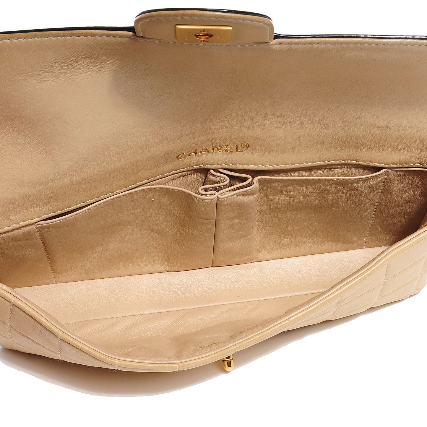 Lambskin Patent East West Chocolate Bar Flap Beige
