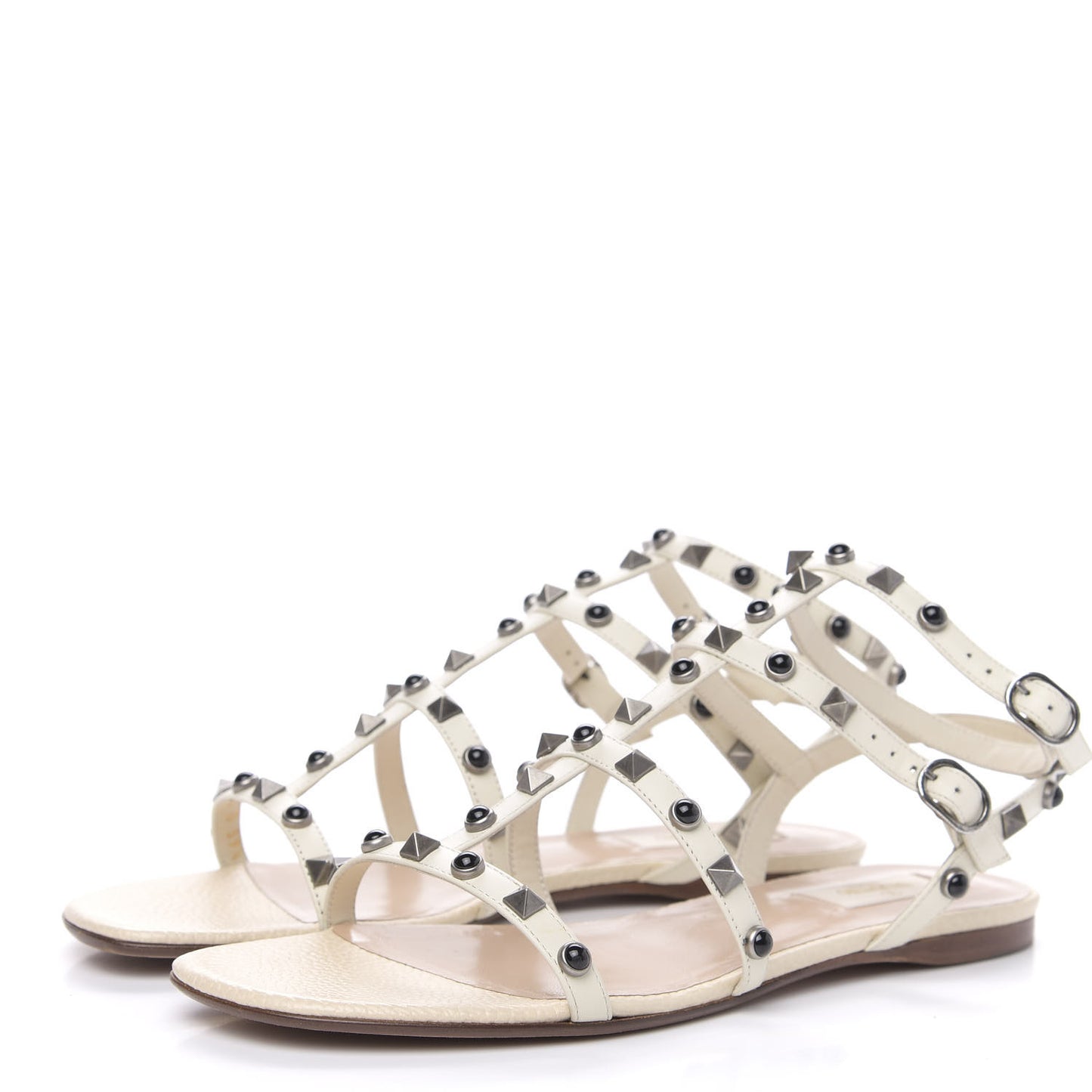 Calfskin Onyx Rockstud Rolling Gladiator Flat Sandals 39.5 Light Ivory