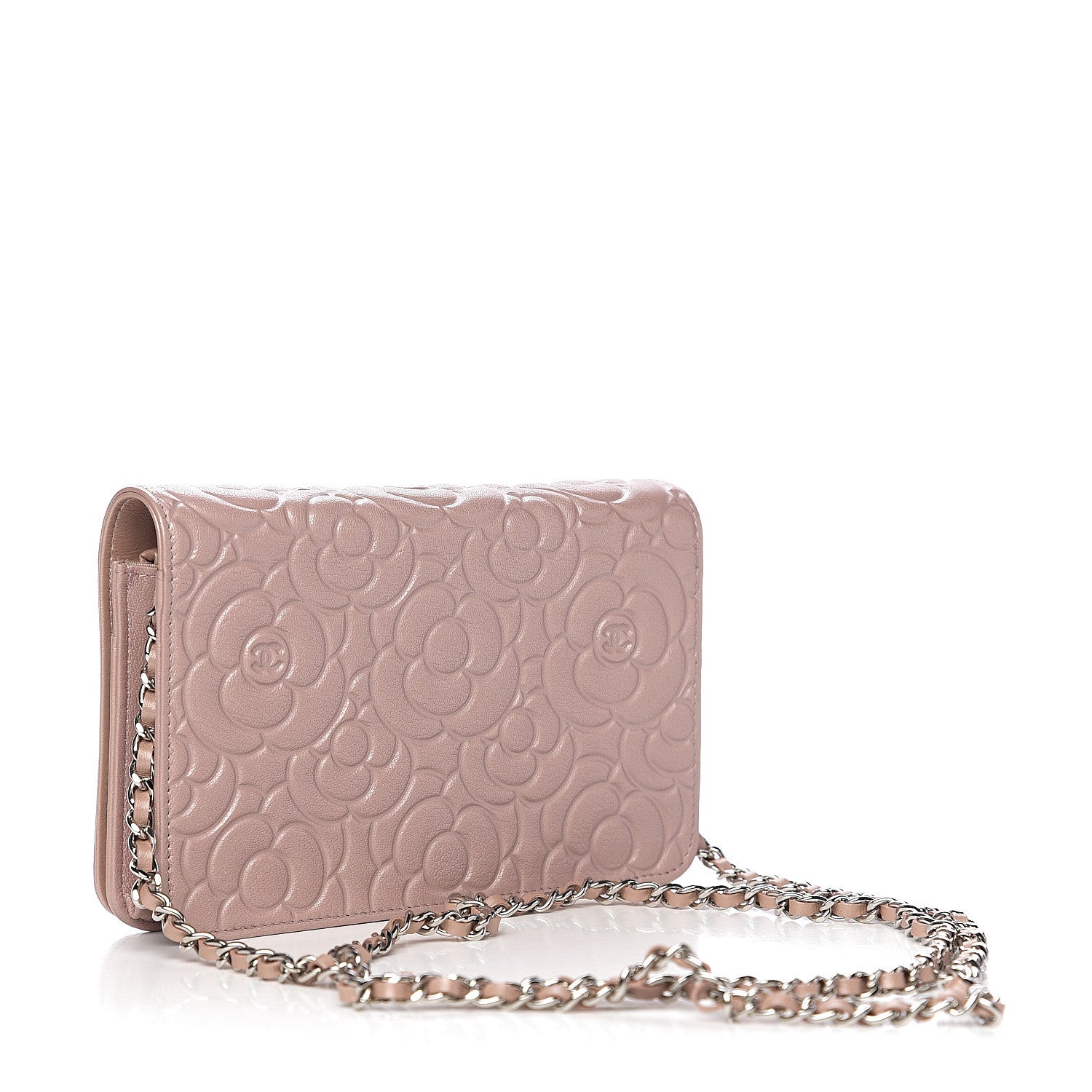 Chanel Goatskin Camellia Embossed Wallet On Chain WOC Light Pink 2 of 11