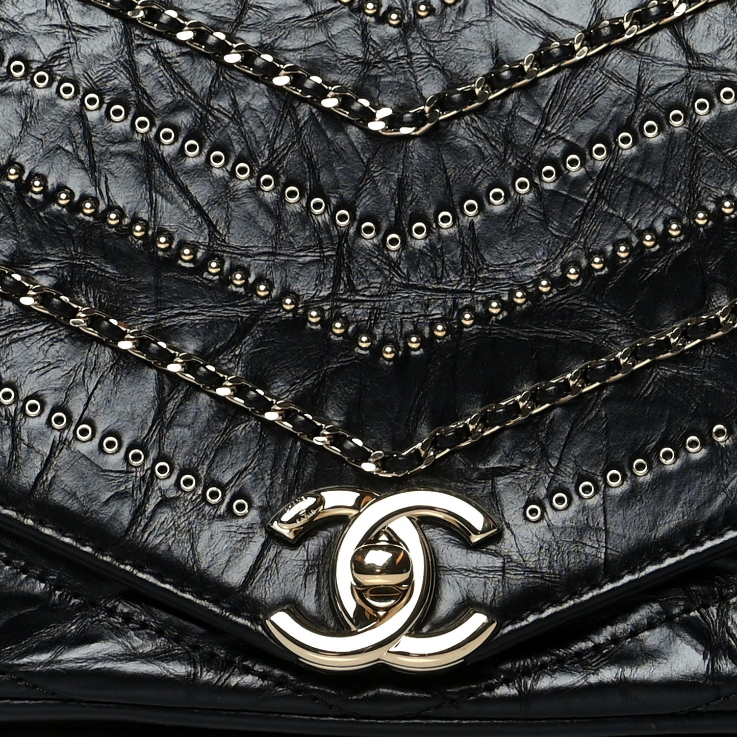 Crumpled Calfskin Chevron Chain Mini Square Flap Black
