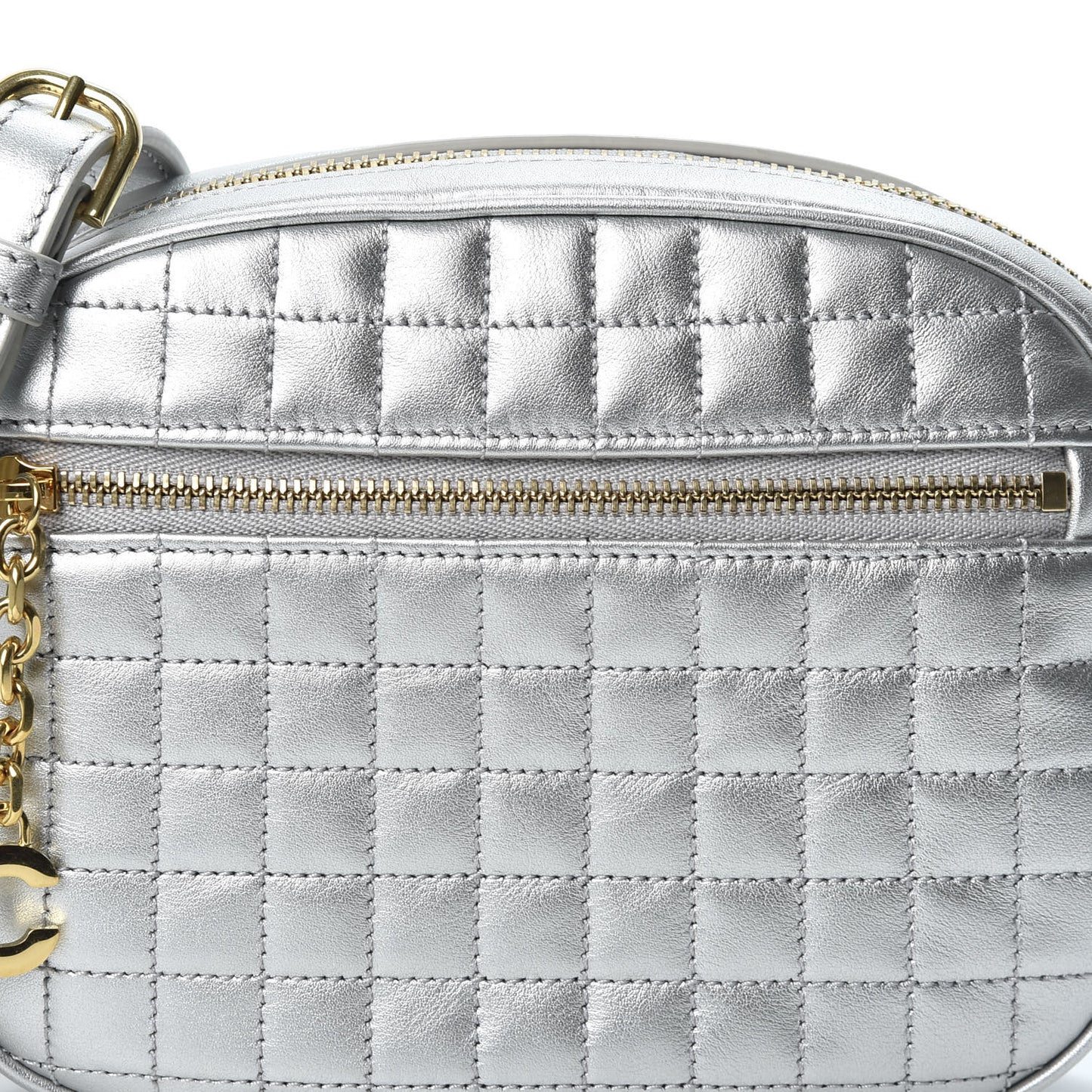 Laminated Calfskin Quilted Small C Charm Bag Silver