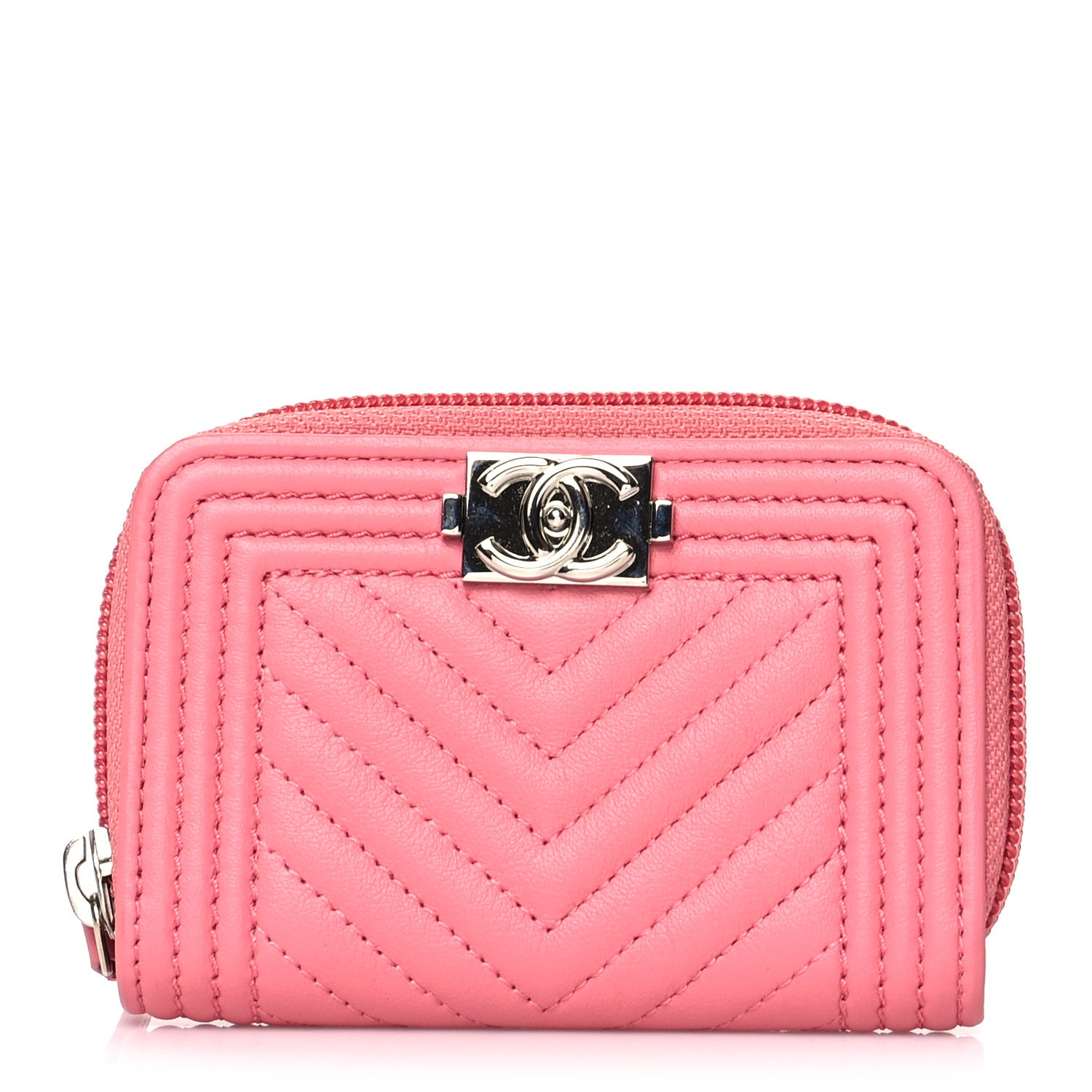 Chanel Calfskin Chevron Quilted Zip Around Boy Coin Purse Wallet Pink 1 of 9