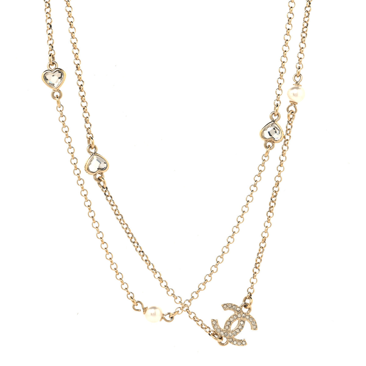 Chanel Pearl Crystal CC Heart Chain Long Necklace Gold 1 of 5