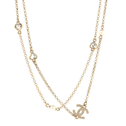 Chanel Pearl Crystal CC Heart Chain Long Necklace Gold 1 of 5