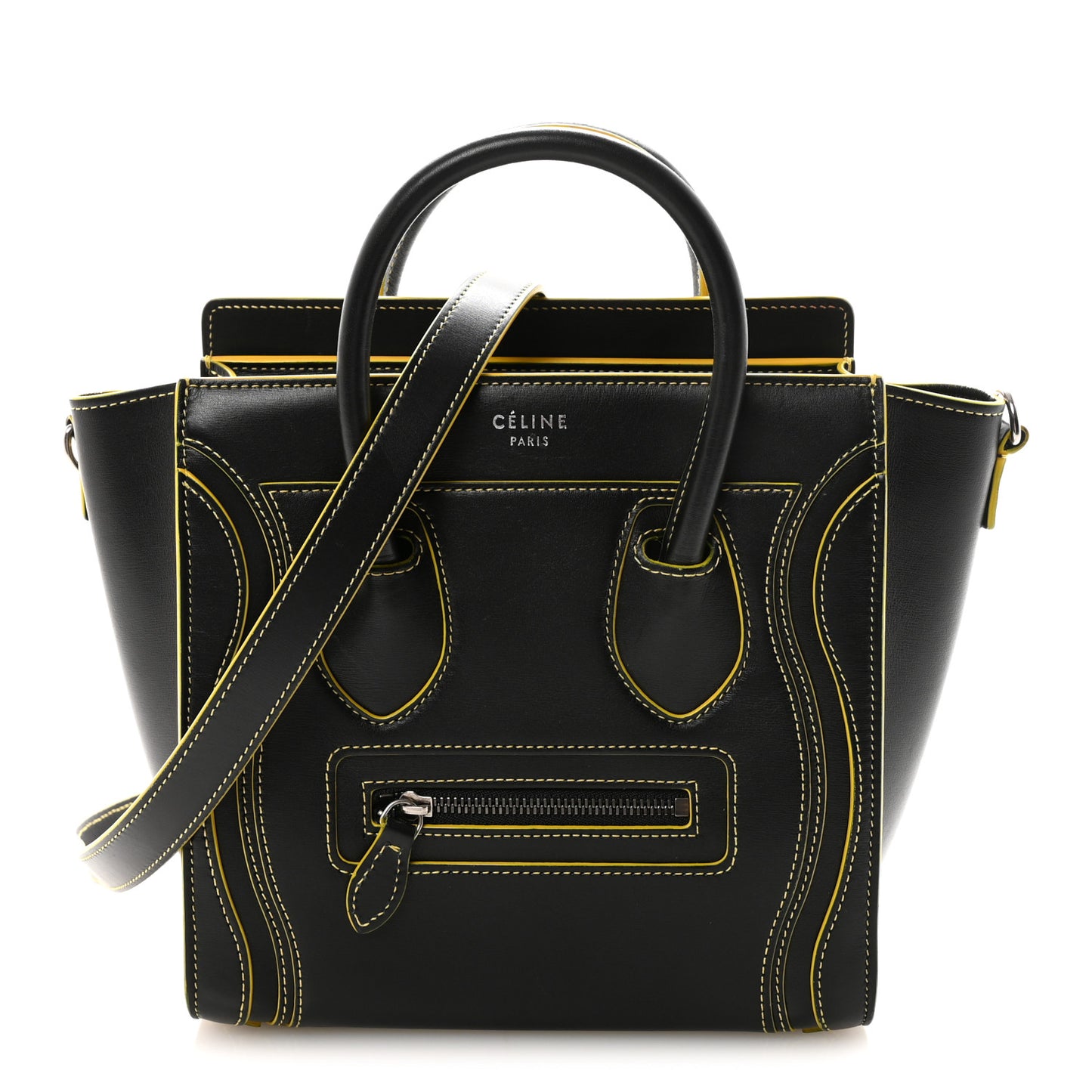 Satin Calfskin Nano Debossed Luggage Black Yellow