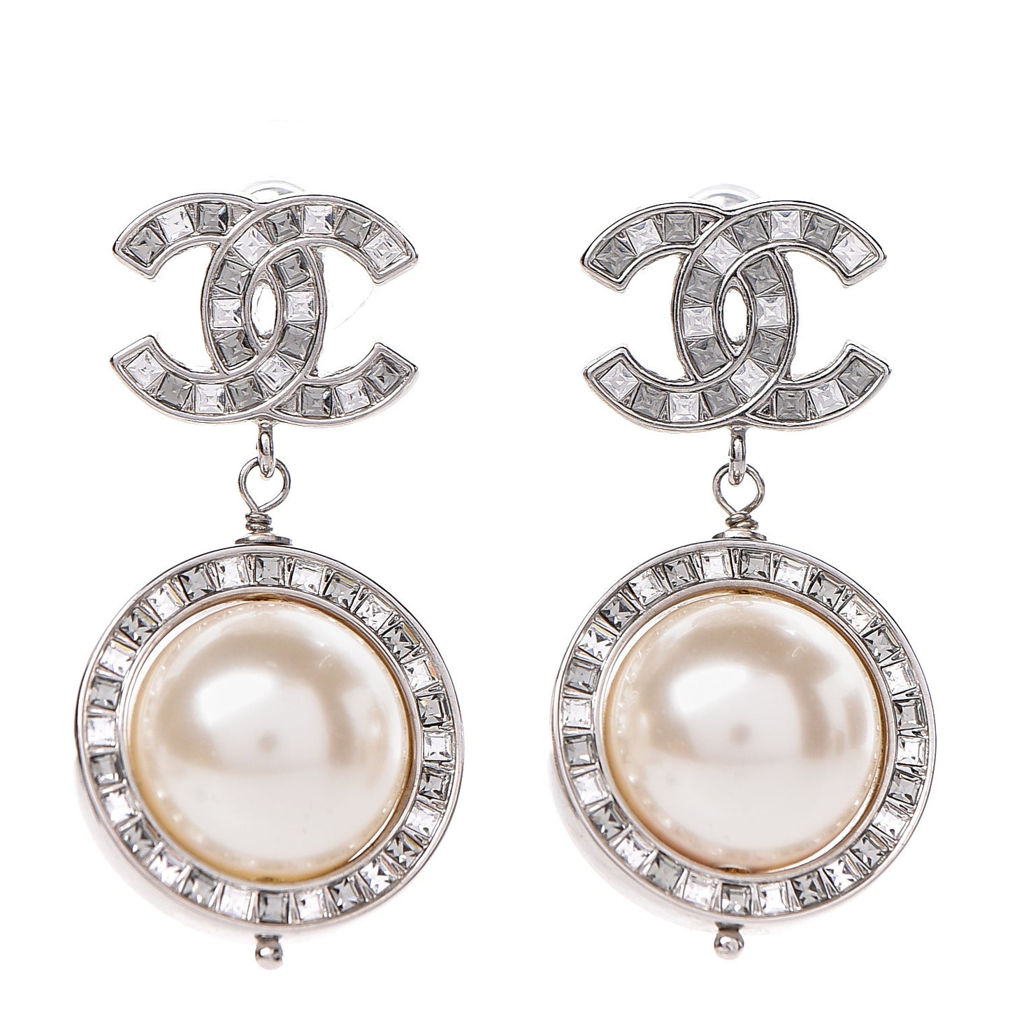 Baguette Crystal CC Pearl Drop Art Decoco Earrings Silver