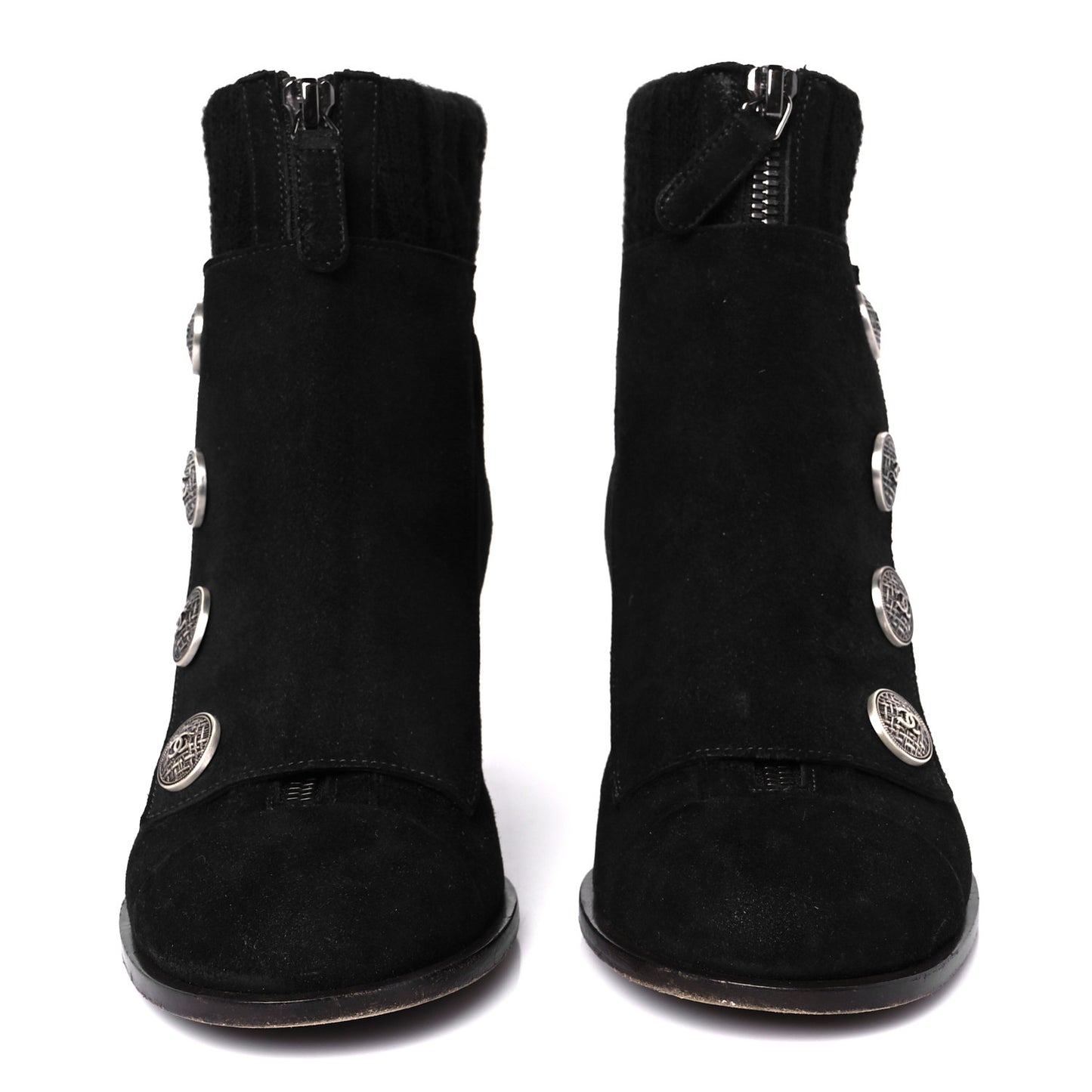 Suede Calfskin Knit Button Ankle Boots 36.5 Black