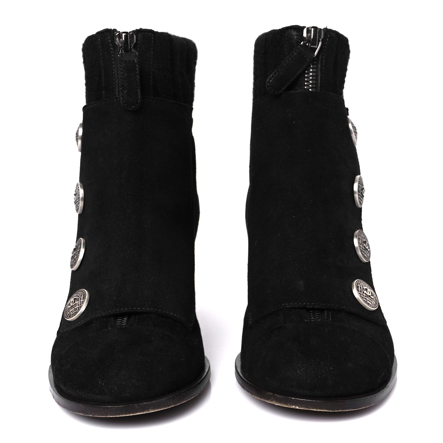 Chanel Suede Calfskin Knit Button Ankle Boots 36.5 Black 3 of 9