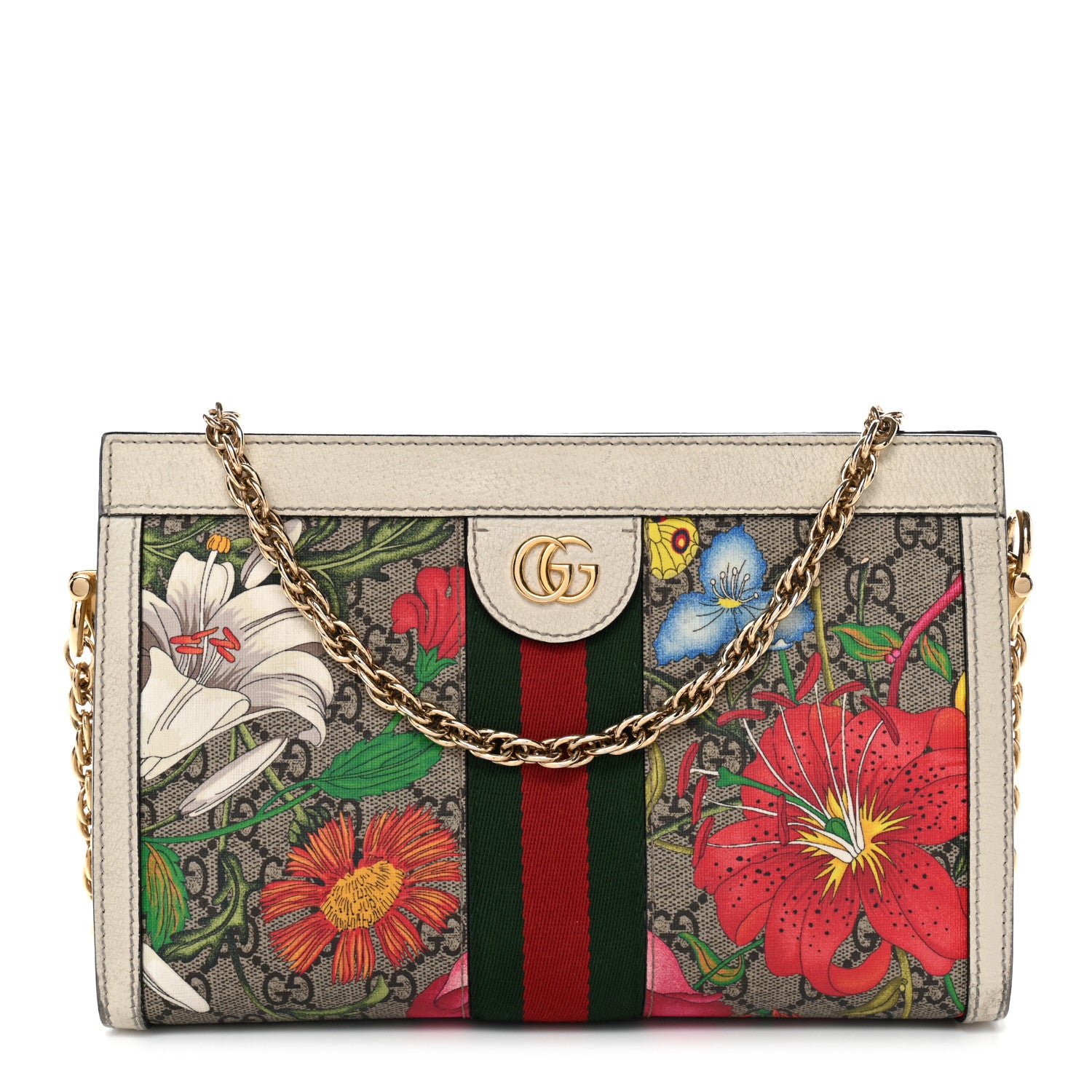 Gucci GG Supreme Monogram Flora Web Small Ophidia Chain Shoulder Bag White 1 of 17