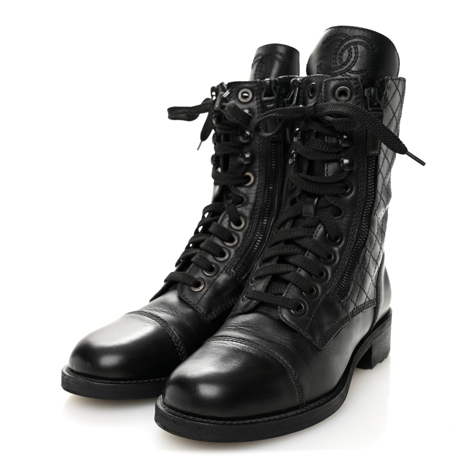 Chanel Calfskin Quilted Lace Up Combat Boots 36.5 Black 3 of 8