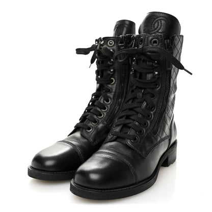Chanel Calfskin Quilted Lace Up Combat Boots 36.5 Black 3 of 8