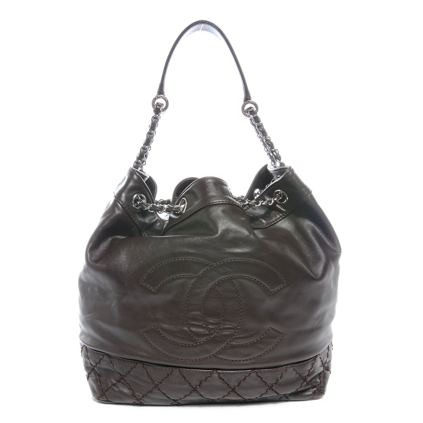 Calfskin Drawstring CC Bucket Bag Dark Brown