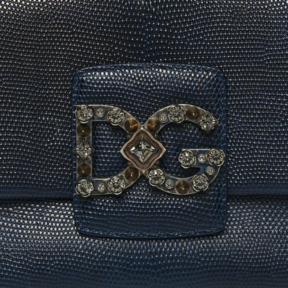 Dolce & Gabbana Stampa Iguana Calfskin Crystal Millennials Chain Shoulder Bag Blue 7 of 11