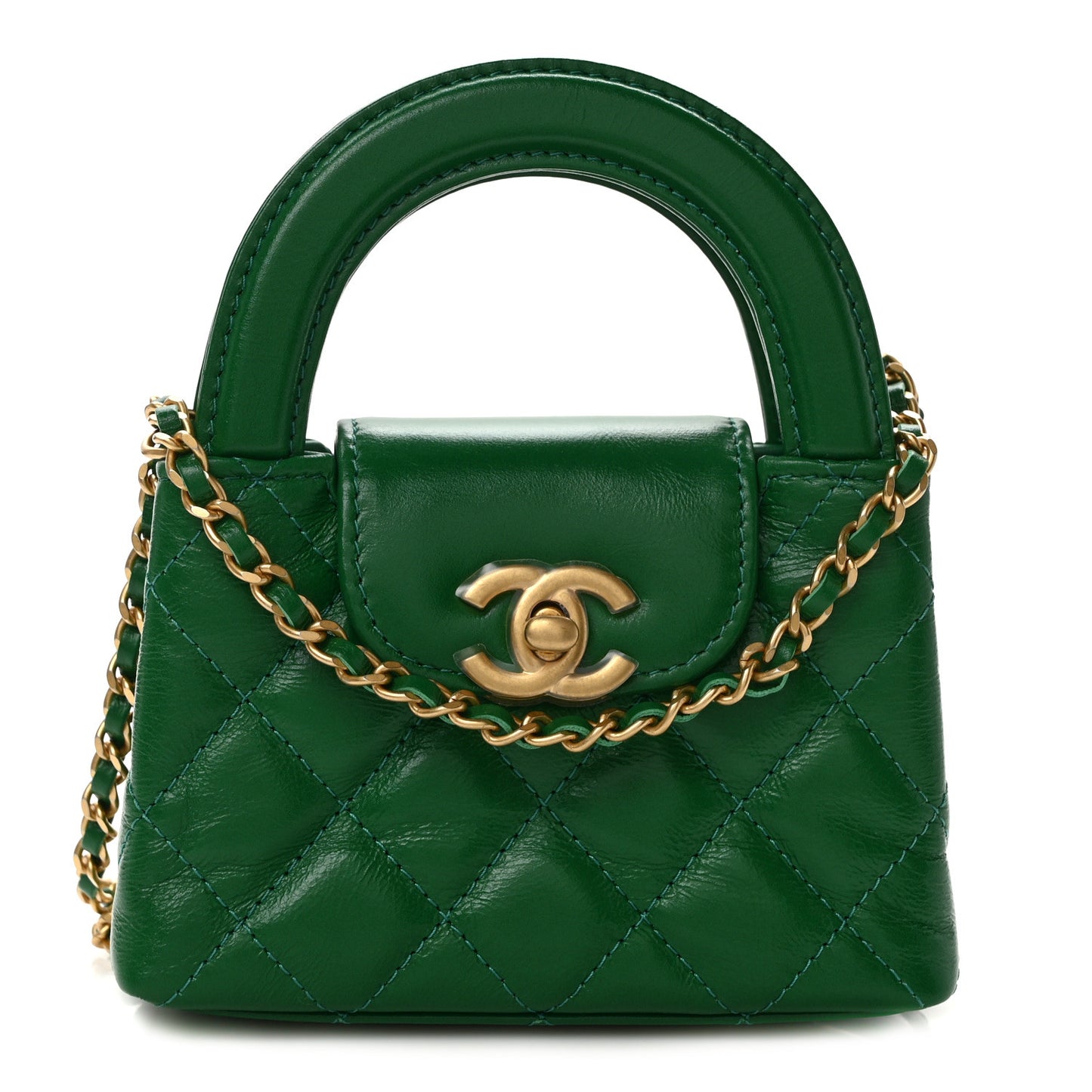 Shiny Aged Calfskin Quilted Mini Nano Kelly Shopper Green