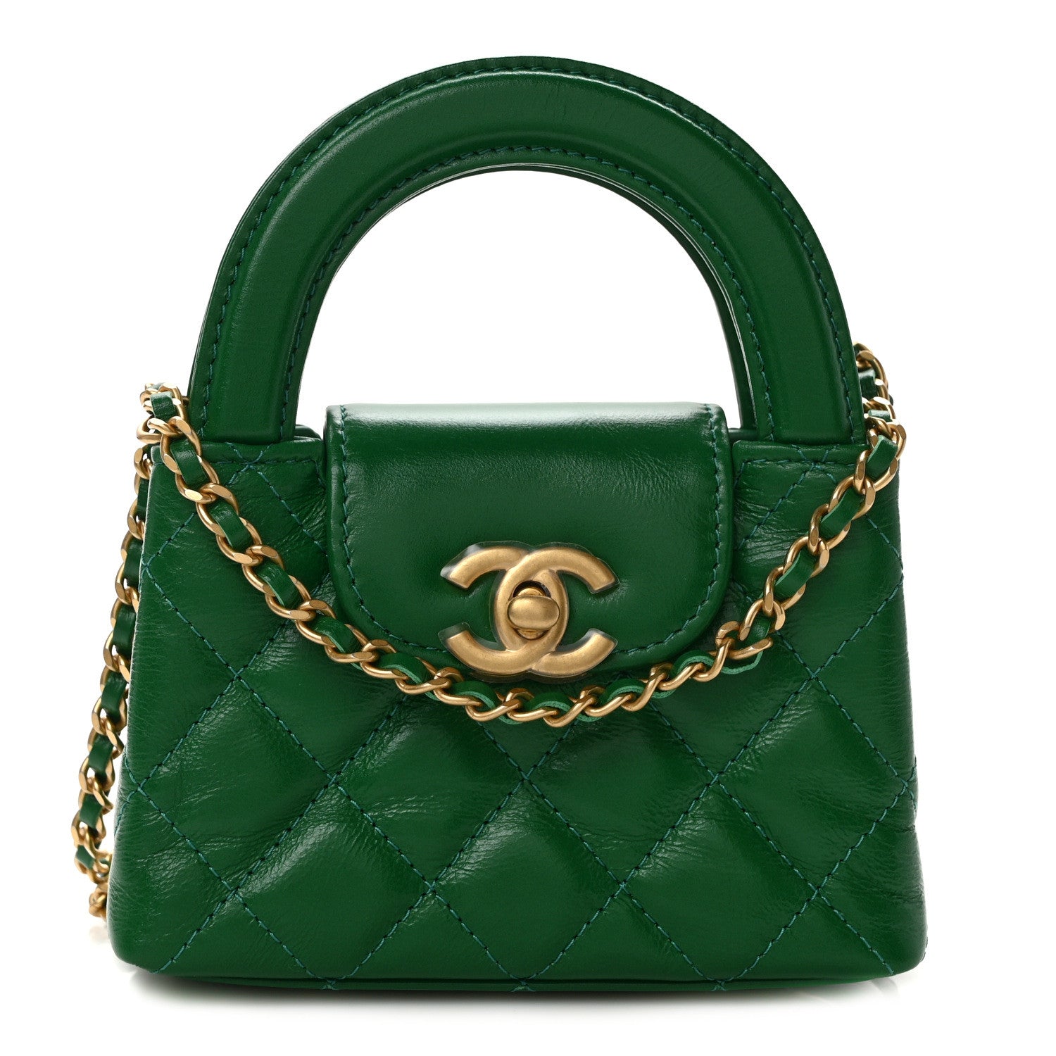 Chanel Shiny Aged Calfskin Quilted Mini Nano Kelly Shopper Green 1 of 10