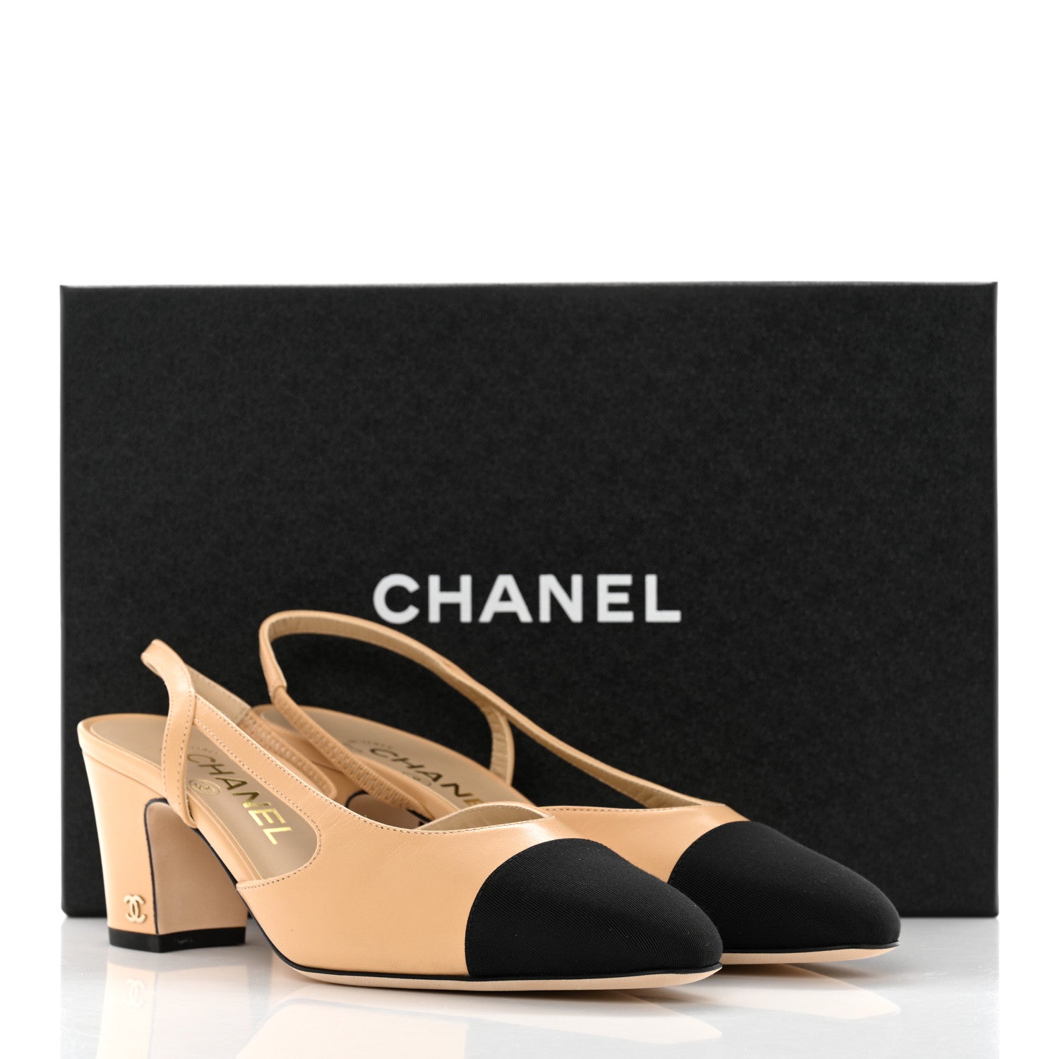 Chanel Goatskin Grosgrain Cap Toe CC Slingback Pumps 37 Beige Black 9 of 9