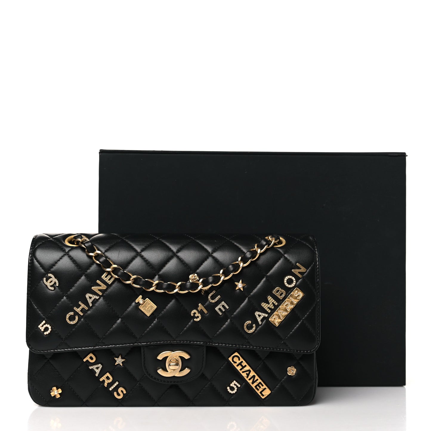 Lambskin Quilted Medium Rue Cambon Charms Double Flap Black