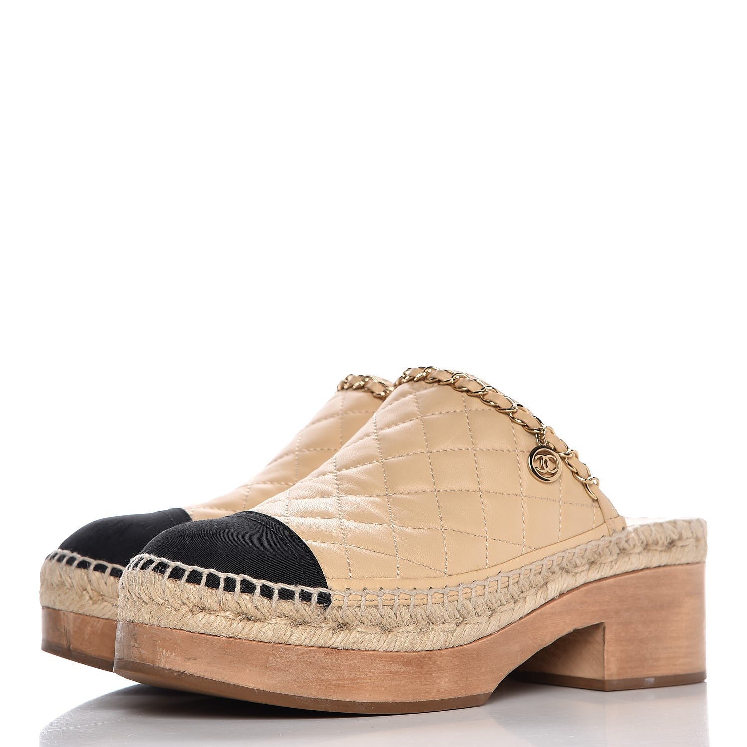 Chanel Lambskin Grosgrain Quilted CC Chain Espadrille Mules 39 Beige Black 3 of 12