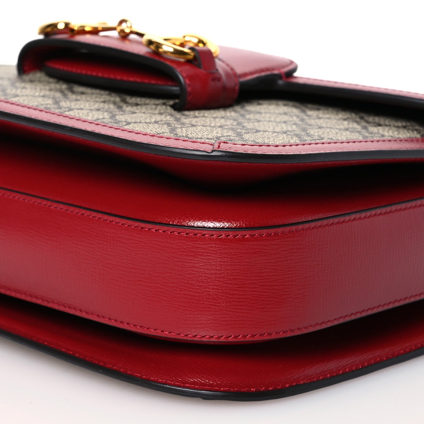 GG Supreme Monogram Azalea Calfskin Horsebit 1955 Shoulder Bag Beige Ebony New Cherry Red