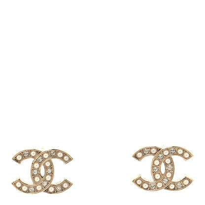 Chanel Pearl Crystal CC Stud Earrings Gold 1 of 5