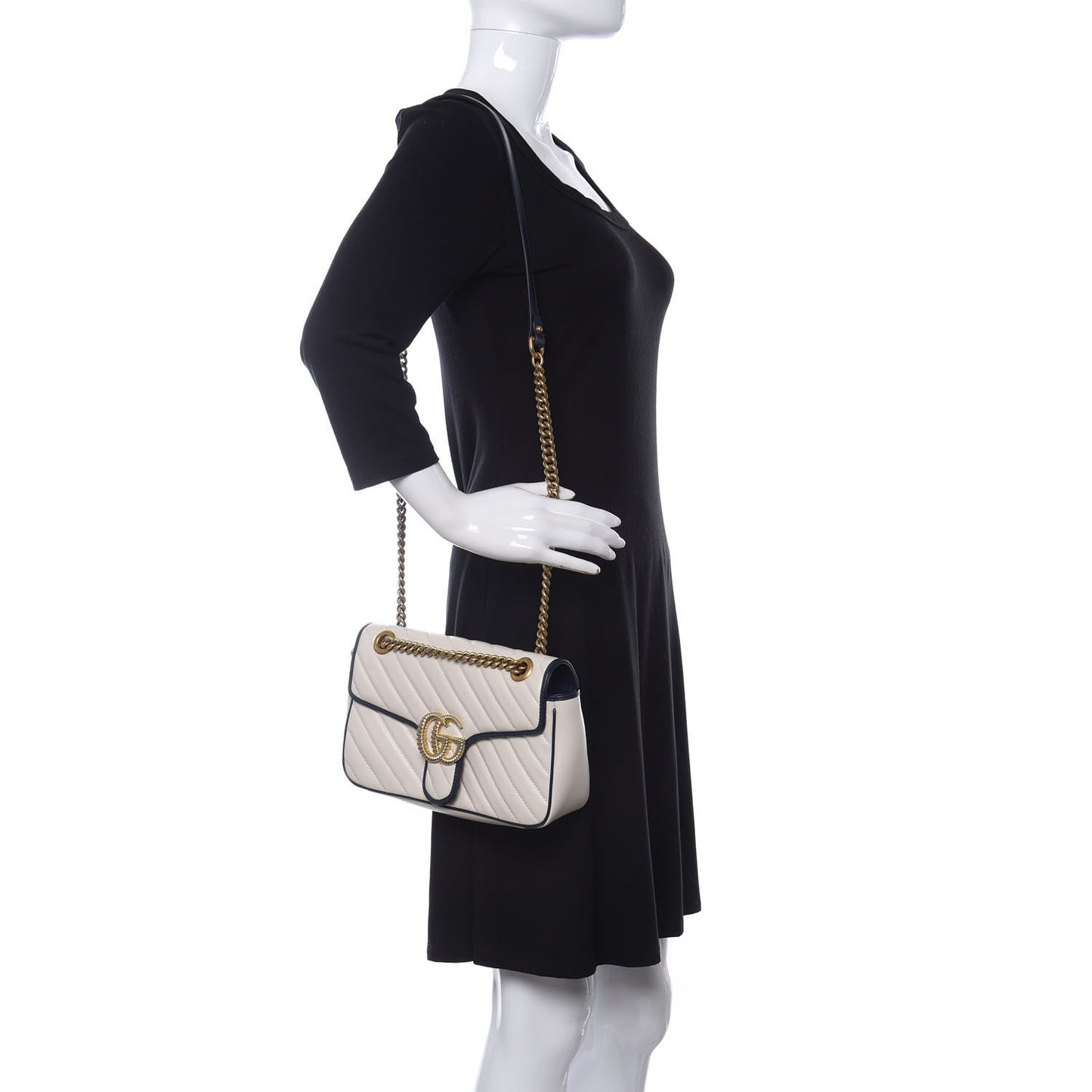 Vintage Effect Calfskin Matelasse Diagonal Small Torchon GG Marmont Shoulder Bag Mystic White Blue Agata