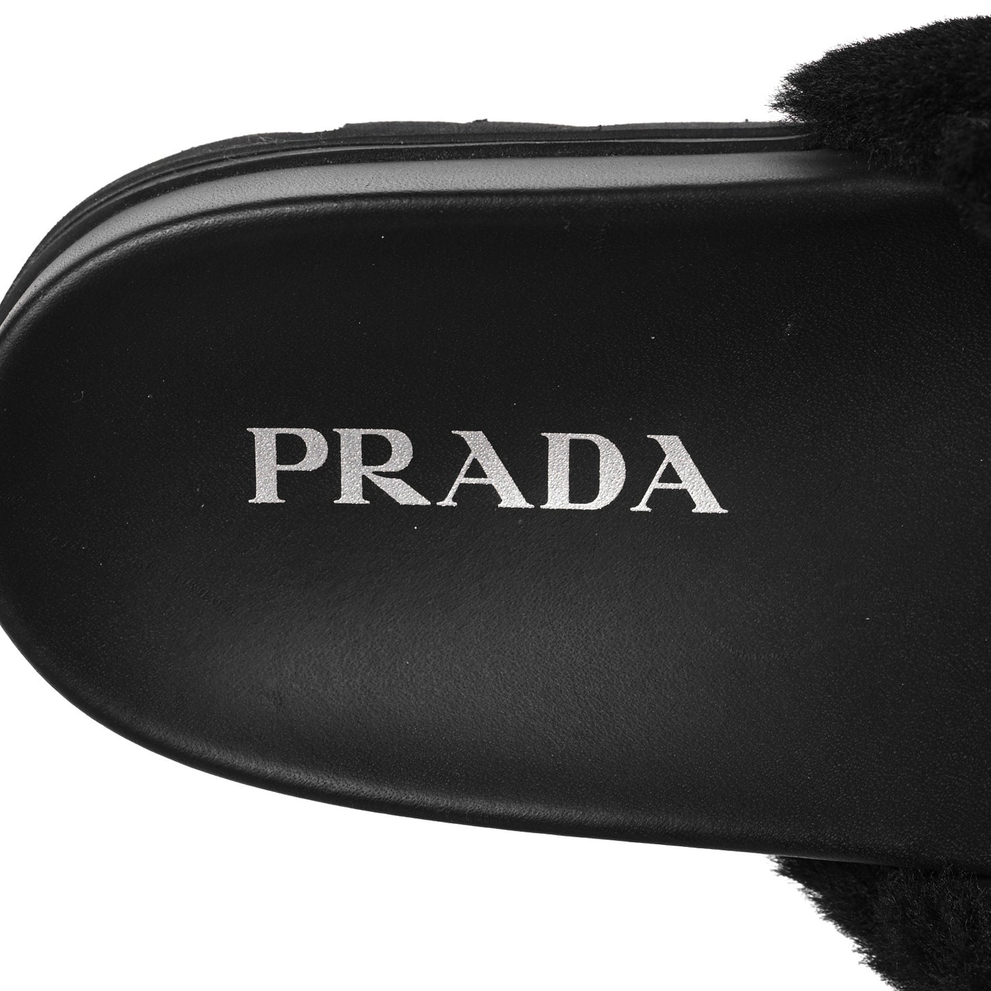Shearling Metal Triangle Logo Lug Sole 20mm Slide Sandals 36 Black