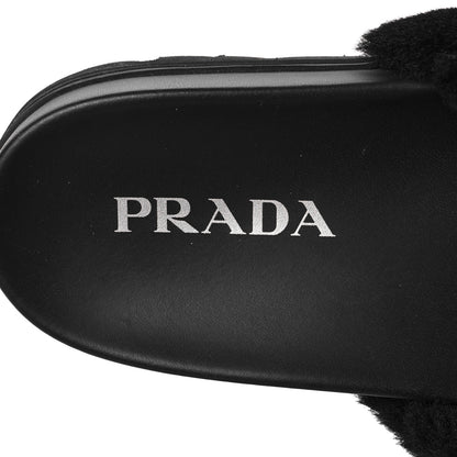 Prada Shearling Metal Triangle Logo Lug Sole 20mm Slide Sandals 36 Black 7 of 7