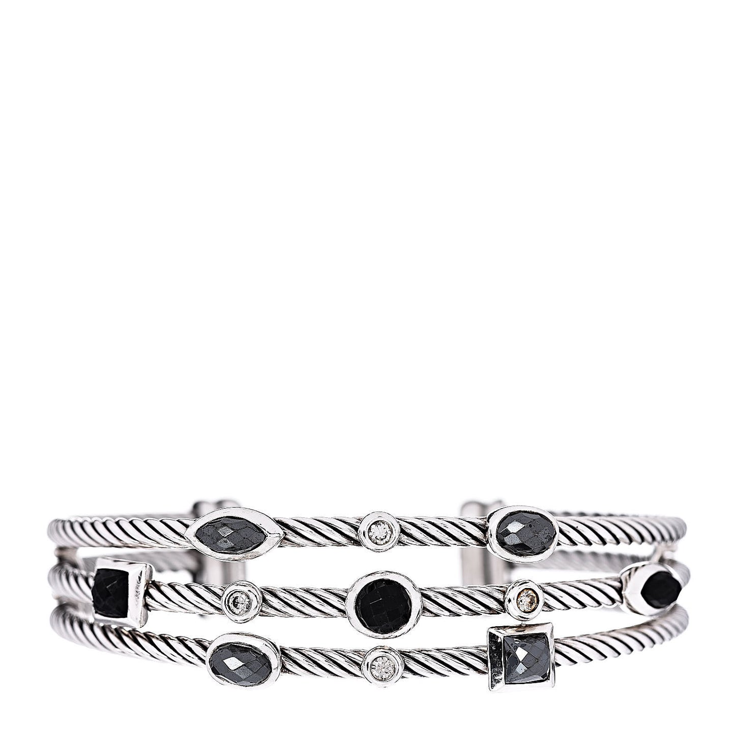 Sterling Silver Diamond Hematite Black Onyx Three Row Confetti Cuff Bracelet